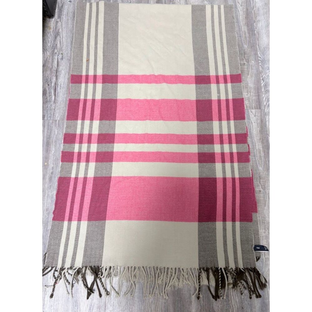 Gap Scarf Shawl 80" Plaid Taupe Gray Red Oversize Fringe Wrap Preppy Winter Cozy